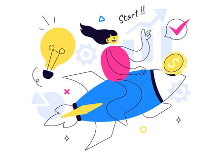 Startup Vector Illustration Featuring the Target of Business Development Process, Innovative Product Launch, Arrow Shooting, and Goal Achievementのイラスト素材