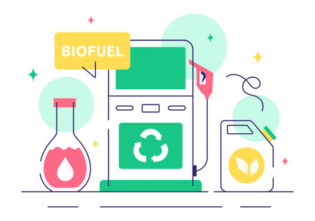 Biofuel Vector Illustration Featuring the Life Cycle of Natural Materials and Plants with Green Barrels and Biogas Production Energy in a Backgroundのイラスト素材