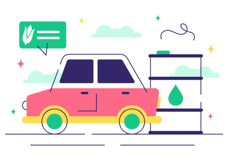 Biofuel Vector Illustration Featuring the Life Cycle of Natural Materials and Plants with Green Barrels and Biogas Production Energy in a Backgroundのイラスト素材