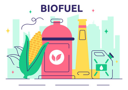 Biofuel Vector Illustration Featuring the Life Cycle of Natural Materials and Plants with Green Barrels and Biogas Production Energy in a Backgroundのイラスト素材