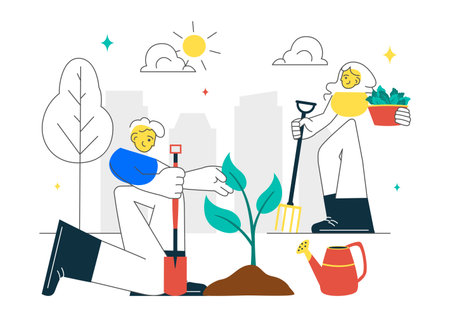 Community Garden Vector Illustration Featuring People Enjoying Their Time at a Public Farm in Town While Taking Care of Plants in a Environmentalのイラスト素材