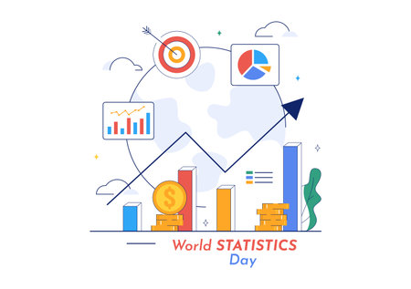World Statistics Day Vector Illustration Featuring Data Calculation for Socioeconomic Planning and Policy Formulation in a Flat Backgroundのイラスト素材