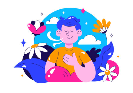 Breathwork Vector Illustration with Peaceful Meditation for Wellness, Featuring Mindfulness, Healthy Lifestyle, Relaxation, and Mental Healthのイラスト素材
