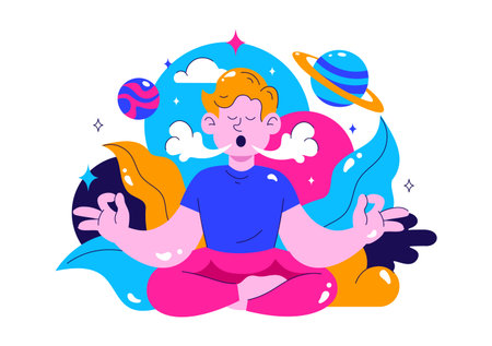 Breathwork Vector Illustration with Peaceful Meditation for Wellness, Featuring Mindfulness, Healthy Lifestyle, Relaxation, and Mental Healthのイラスト素材