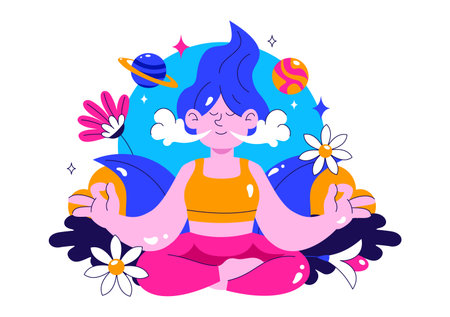 Breathwork Vector Illustration with Peaceful Meditation for Wellness, Featuring Mindfulness, Healthy Lifestyle, Relaxation, and Mental Healthのイラスト素材