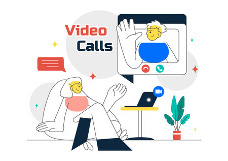 Conference Video Call via Remote Communication Vector Illustration Featuring Online Friends Using a Webcam While Working from Home in a Backgroundのイラスト素材