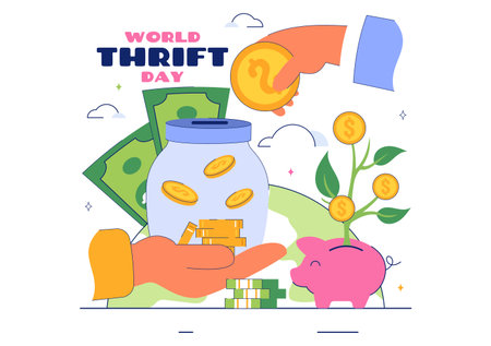World Thrift Day Vector Illustration with a Piggy Bank and Coins, Representing Saving, Financial Literacy, and Economic Stability in a Backgroundのイラスト素材