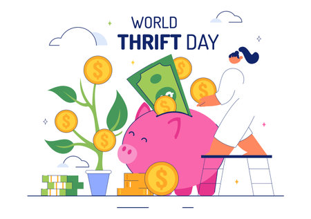 World Thrift Day Vector Illustration with a Piggy Bank and Coins, Representing Saving, Financial Literacy, and Economic Stability in a Backgroundのイラスト素材