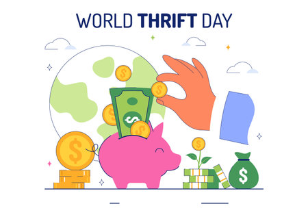 World Thrift Day Vector Illustration with a Piggy Bank and Coins, Representing Saving, Financial Literacy, and Economic Stability in a Backgroundのイラスト素材