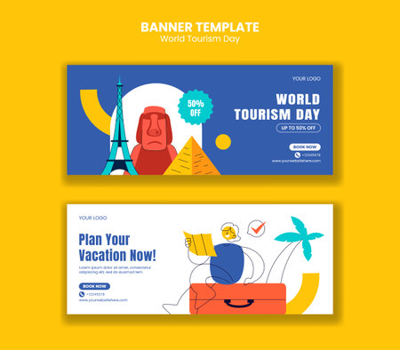Horizontal Banner Template Design for World Tourism Day in Hand-Drawn Flat Style Backgroundのイラスト素材