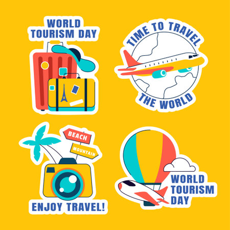 International Tourism Day Social Media Label with Flat Hand-Drawn Cartoon Backgroundのイラスト素材