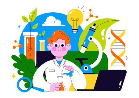 Biotechnology Innovation Illustration featuring Biology and Technology by Developing Products and Processes with a DNA in a Scientific Laboratoryのイラスト素材