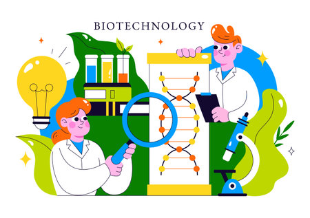 Biotechnology Innovation Illustration featuring Biology and Technology by Developing Products and Processes with a DNA in a Scientific Laboratoryのイラスト素材