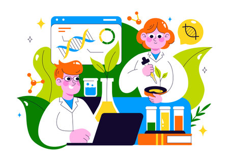 Biotechnology Innovation Illustration featuring Biology and Technology by Developing Products and Processes with a DNA in a Scientific Laboratoryのイラスト素材