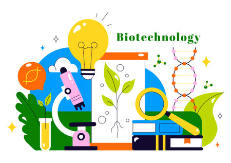Biotechnology Innovation Illustration featuring Biology and Technology by Developing Products and Processes with a DNA in a Scientific Laboratoryのイラスト素材