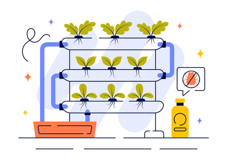 Hydroponics Technology Vector Illustration Featuring a Greenhouse Environment for Growing Green Plants Under Controlled Conditions in a Backgroundのイラスト素材