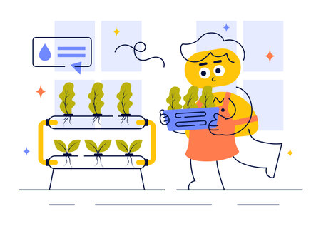 Hydroponics Technology Vector Illustration Featuring a Greenhouse Environment for Growing Green Plants Under Controlled Conditions in a Backgroundのイラスト素材