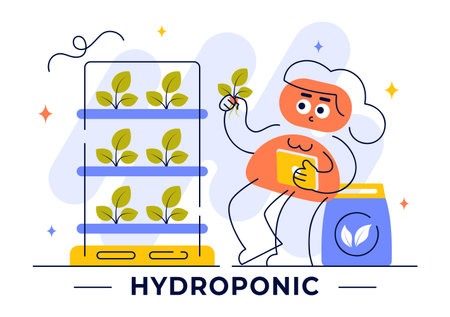 Hydroponics Technology Vector Illustration Featuring a Greenhouse Environment for Growing Green Plants Under Controlled Conditions in a Backgroundのイラスト素材