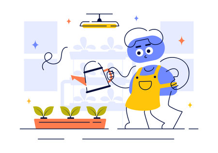 Hydroponics Technology Vector Illustration Featuring a Greenhouse Environment for Growing Green Plants Under Controlled Conditions in a Backgroundのイラスト素材