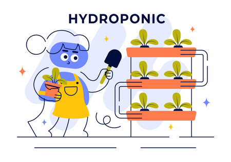 Hydroponics Technology Vector Illustration Featuring a Greenhouse Environment for Growing Green Plants Under Controlled Conditions in a Backgroundのイラスト素材
