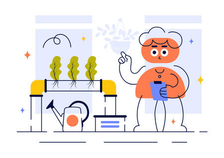 Hydroponics Technology Vector Illustration Featuring a Greenhouse Environment for Growing Green Plants Under Controlled Conditions in a Backgroundのイラスト素材