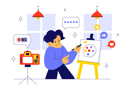 Daily Vlog Vector Illustration Featuring an Influencer Browsing Social Networks with Live Streaming of Various Activities in a Lifestyle Backgroundのイラスト素材