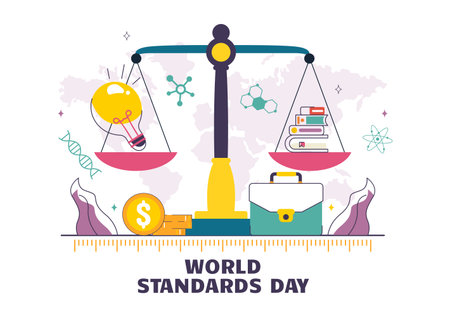 World Standards Day Vector Illustration on October 14 featuring a Globe, Stopwatch, Ruler Scale, and Quality Board in a Flat Style Cartoon Backgroundのイラスト素材