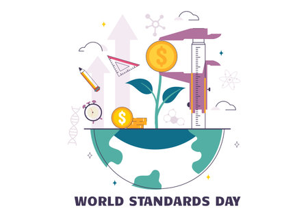 World Standards Day Vector Illustration on October 14 featuring a Globe, Stopwatch, Ruler Scale, and Quality Board in a Flat Style Cartoon Backgroundのイラスト素材