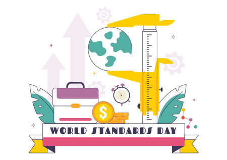 World Standards Day Vector Illustration on October 14 featuring a Globe, Stopwatch, Ruler Scale, and Quality Board in a Flat Style Cartoon Backgroundのイラスト素材