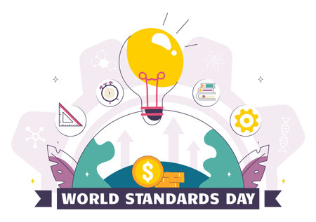 World Standards Day Vector Illustration on October 14 featuring a Globe, Stopwatch, Ruler Scale, and Quality Board in a Flat Style Cartoon Backgroundのイラスト素材