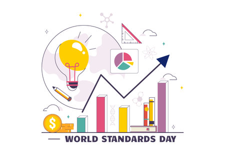 World Standards Day Vector Illustration on October 14 featuring a Globe, Stopwatch, Ruler Scale, and Quality Board in a Flat Style Cartoon Backgroundのイラスト素材