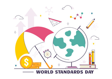 World Standards Day Vector Illustration on October 14 featuring a Globe, Stopwatch, Ruler Scale, and Quality Board in a Flat Style Cartoon Backgroundのイラスト素材