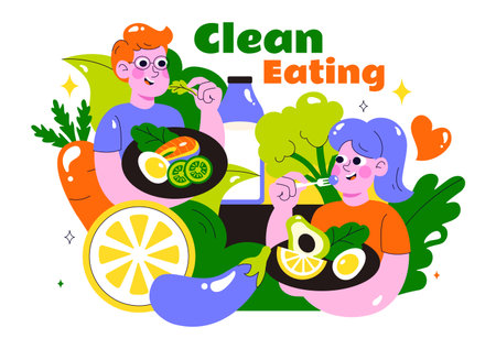 Clean Eating Vector Illustration featuring Fresh Organic Vegetables and Fruits for a Healthy Daily Diet and Balanced Lifestyle in a Flat Backgroundのイラスト素材