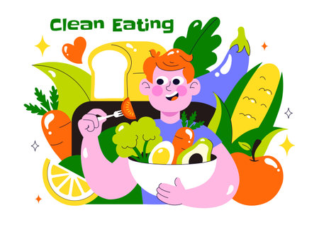 Clean Eating Vector Illustration featuring Fresh Organic Vegetables and Fruits for a Healthy Daily Diet and Balanced Lifestyle in a Flat Backgroundのイラスト素材