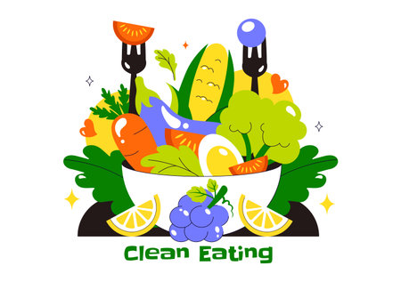 Clean Eating Vector Illustration featuring Fresh Organic Vegetables and Fruits for a Healthy Daily Diet and Balanced Lifestyle in a Flat Backgroundのイラスト素材