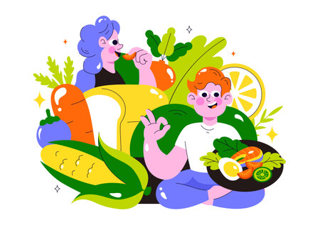 Clean Eating Vector Illustration featuring Fresh Organic Vegetables and Fruits for a Healthy Daily Diet and Balanced Lifestyle in a Flat Backgroundのイラスト素材