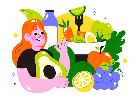 Clean Eating Vector Illustration featuring Fresh Organic Vegetables and Fruits for a Healthy Daily Diet and Balanced Lifestyle in a Flat Backgroundのイラスト素材