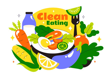 Clean Eating Vector Illustration featuring Fresh Organic Vegetables and Fruits for a Healthy Daily Diet and Balanced Lifestyle in a Flat Backgroundのイラスト素材