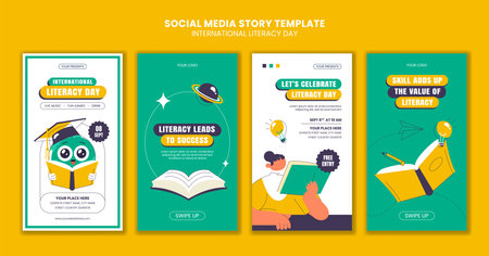 World Literacy Day Awareness Social Media Stories Template in Flat Hand Drawn Backgroundのイラスト素材