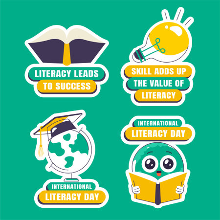 Social Media Label for World Literacy Day in Flat Cartoon Style Illustrationのイラスト素材