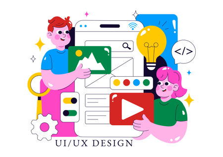 Ui Ux Design Vector Illustration Featuring Application and Software Website Development with App Coding in a Flat Style Cartoon Backgroundのイラスト素材
