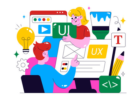 Ui Ux Design Vector Illustration Featuring Application and Software Website Development with App Coding in a Flat Style Cartoon Backgroundのイラスト素材