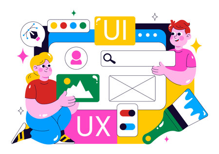 Ui Ux Design Vector Illustration Featuring Application and Software Website Development with App Coding in a Flat Style Cartoon Backgroundのイラスト素材