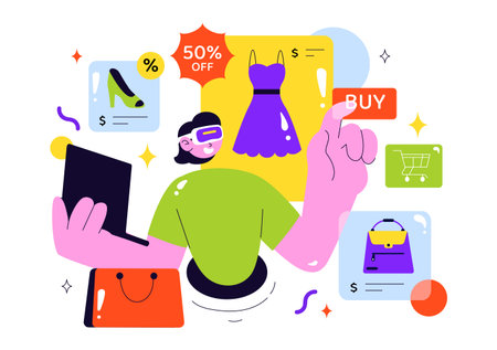 VR Shopping Vector Illustration featuring People Using Virtual Reality Digital Glasses to Experience Innovative Metaverse Shopping in a Backgroundのイラスト素材