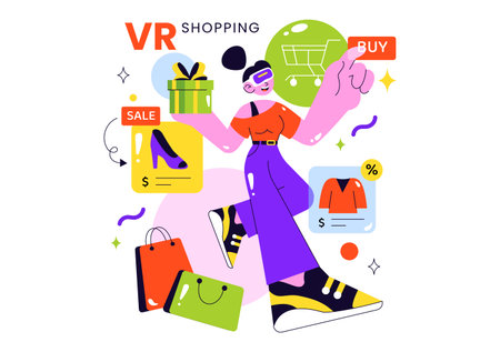 VR Shopping Vector Illustration featuring People Using Virtual Reality Digital Glasses to Experience Innovative Metaverse Shopping in a Backgroundのイラスト素材