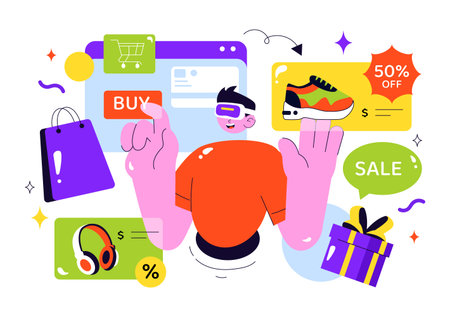 VR Shopping Vector Illustration featuring People Using Virtual Reality Digital Glasses to Experience Innovative Metaverse Shopping in a Backgroundのイラスト素材