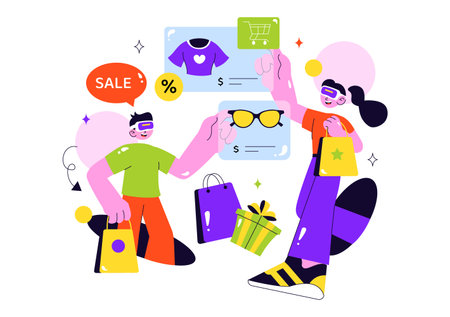 VR Shopping Vector Illustration featuring People Using Virtual Reality Digital Glasses to Experience Innovative Metaverse Shopping in a Backgroundのイラスト素材