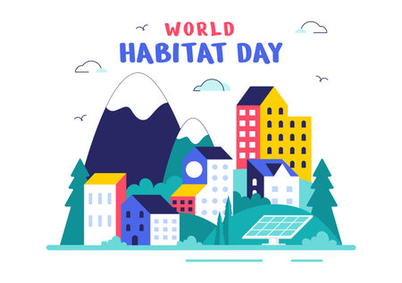 World Habitat Day Vector Illustration Featuring a Clean City, Natural Trees, and Urban Areas Representing Adequate Housing in a Flat Backgroundのイラスト素材