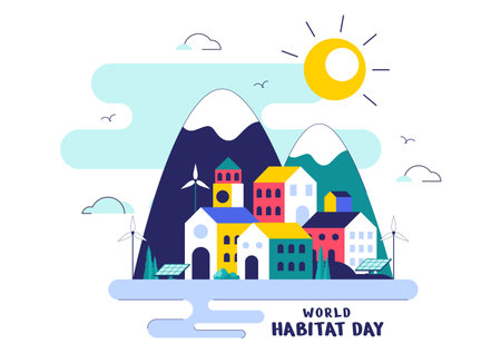World Habitat Day Vector Illustration Featuring a Clean City, Natural Trees, and Urban Areas Representing Adequate Housing in a Flat Backgroundのイラスト素材