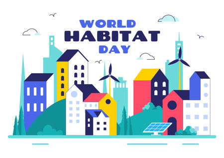 World Habitat Day Vector Illustration Featuring a Clean City, Natural Trees, and Urban Areas Representing Adequate Housing in a Flat Backgroundのイラスト素材